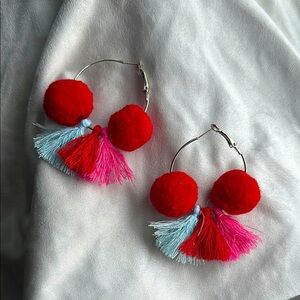 Handmade Red and Pink Pom Pom Hoop Earrings